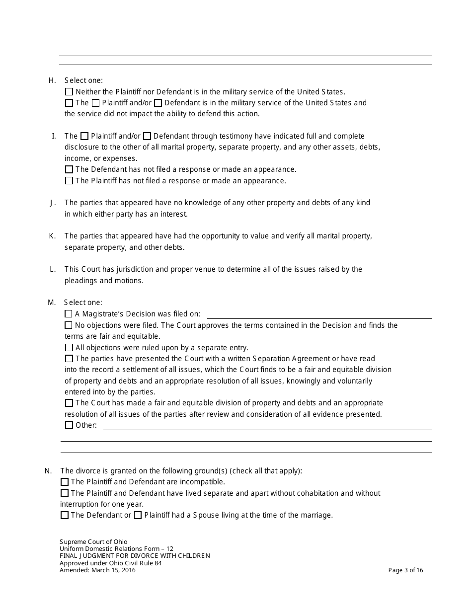 Uniform Domestic Relations Form 12 Final Judgment for Divorce With Children - Ohio, Page 3