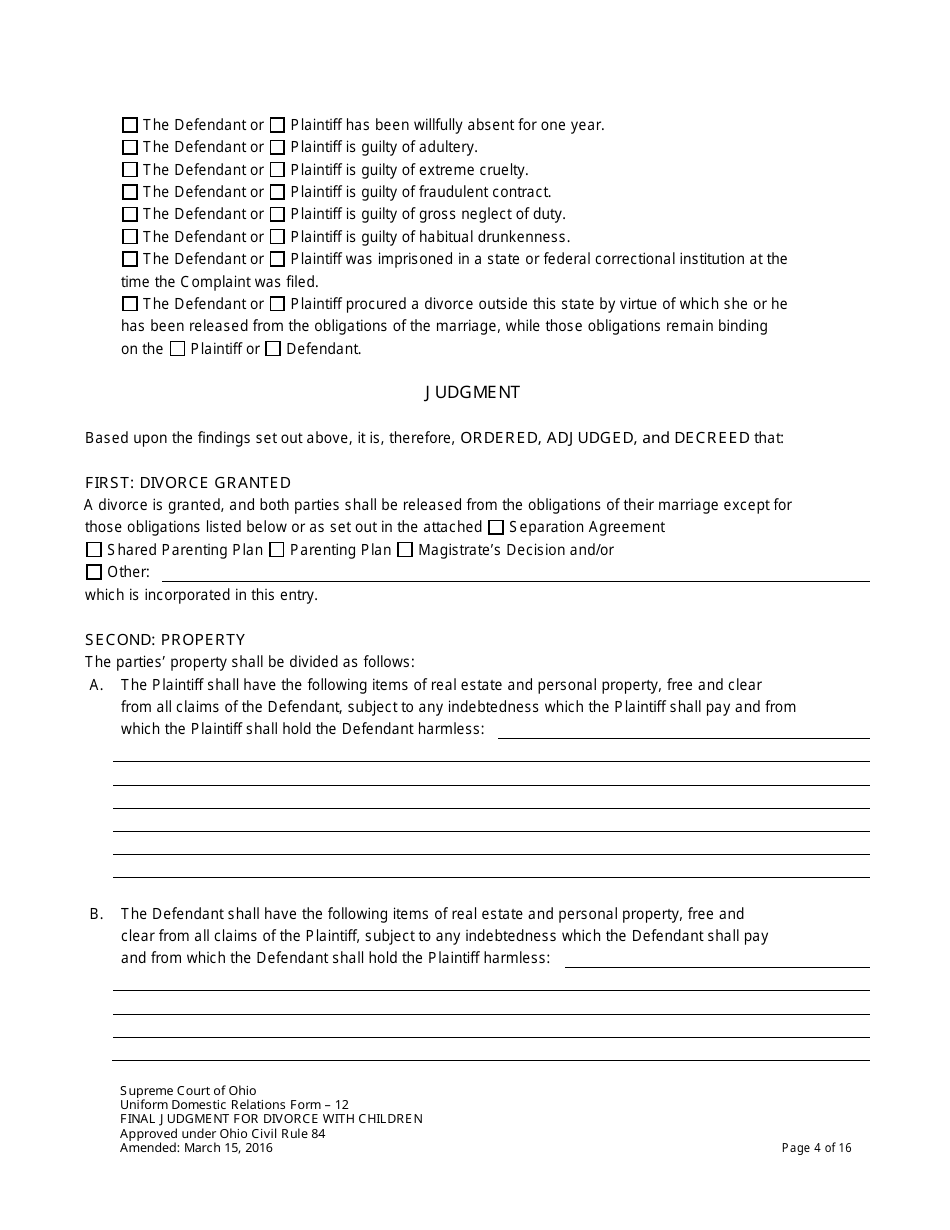 Uniform Domestic Relations Form 12 Final Judgment for Divorce With Children - Ohio, Page 4