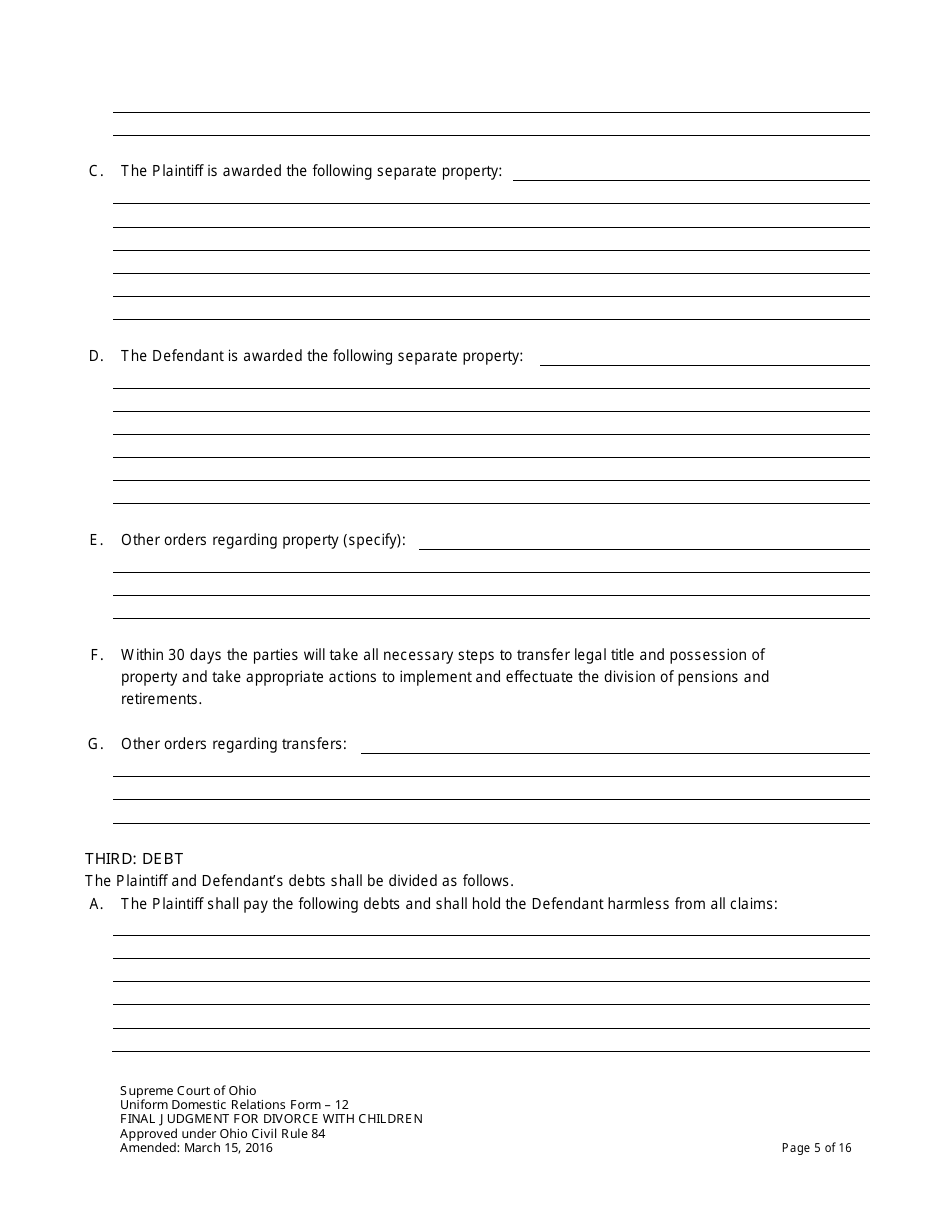 Uniform Domestic Relations Form 12 Final Judgment for Divorce With Children - Ohio, Page 5