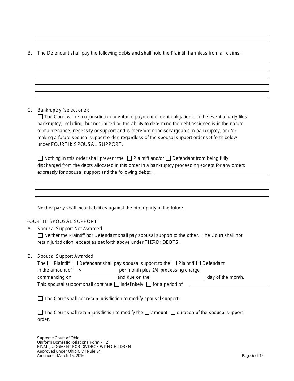 Uniform Domestic Relations Form 12 Final Judgment for Divorce With Children - Ohio, Page 6