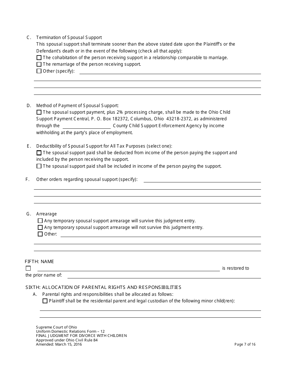 Uniform Domestic Relations Form 12 Final Judgment for Divorce With Children - Ohio, Page 7