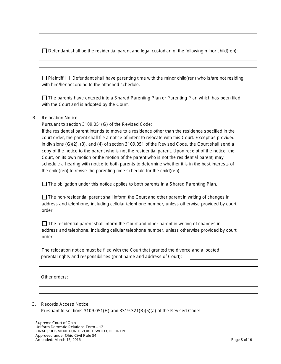 Uniform Domestic Relations Form 12 Final Judgment for Divorce With Children - Ohio, Page 8