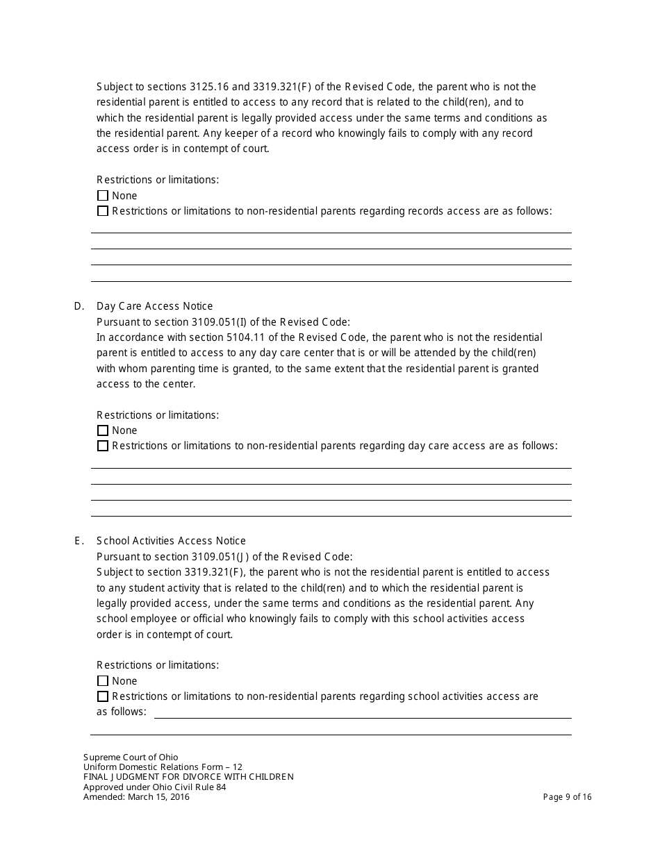 Uniform Domestic Relations Form 12 Final Judgment for Divorce With Children - Ohio, Page 9