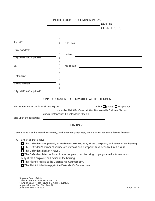 Uniform Domestic Relations Form 12 Final Judgment for Divorce With Children - Ohio