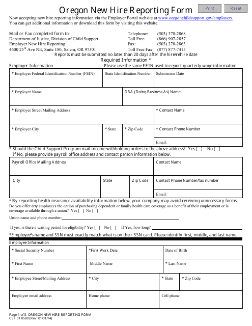 Form CSF01 058 Oregon New Hire Reporting Form - Oregon