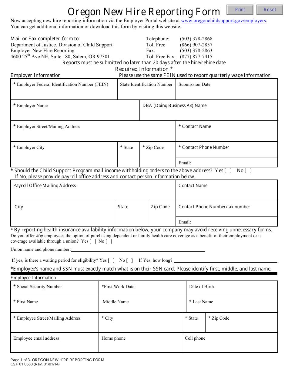 Form CSF01 058 Oregon New Hire Reporting Form - Oregon, Page 1
