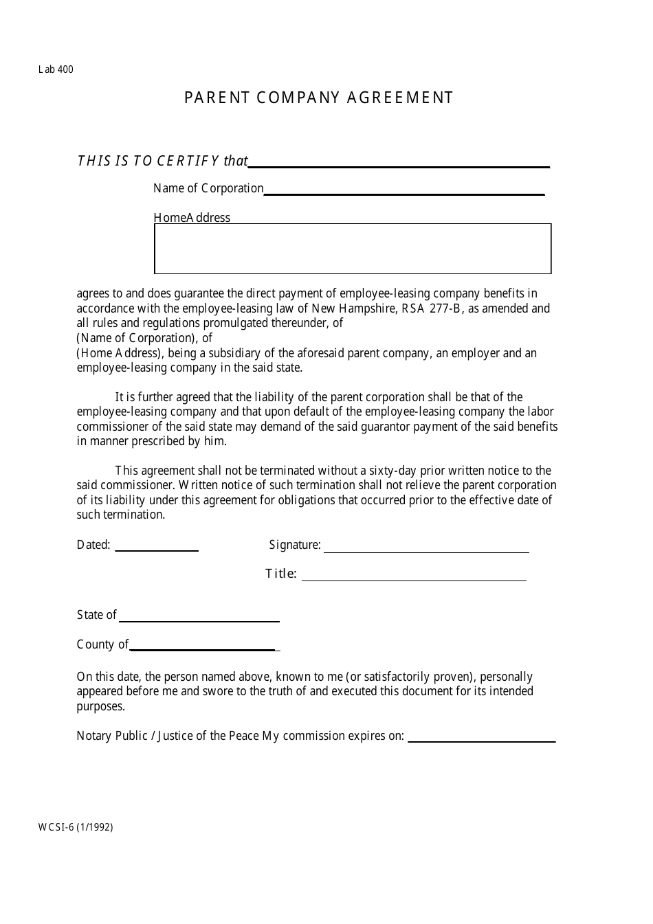 Form WCSI-6 Parent Company Agreement - New Hampshire, Page 1