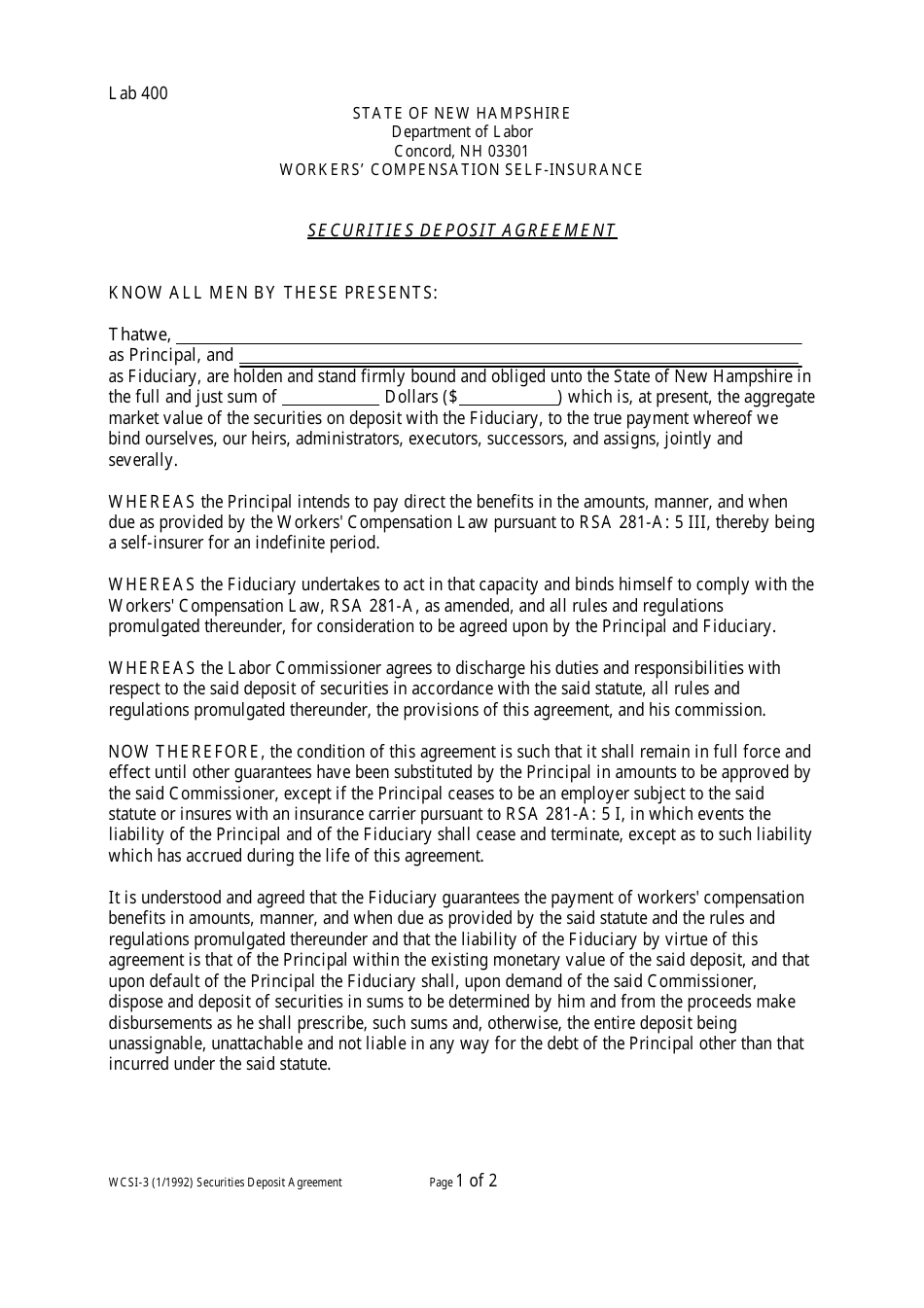 Form WCSI-3 Securities Deposit Agreement - New Hampshire, Page 1