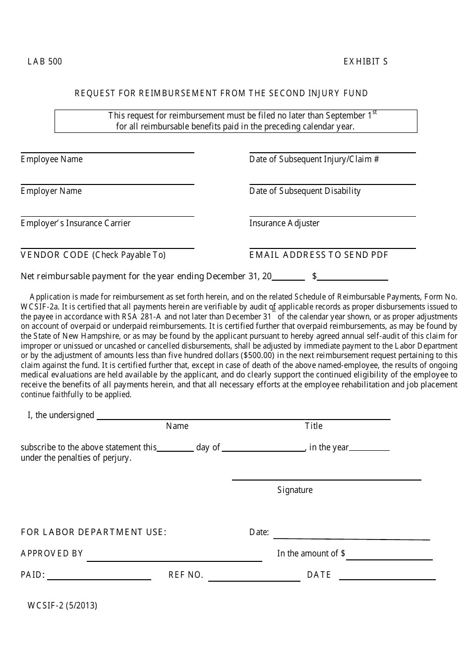 Form WCSIF-2 Exhibit S Request for Reimbursement From the Second Injury Fund - New Hampshire, Page 1