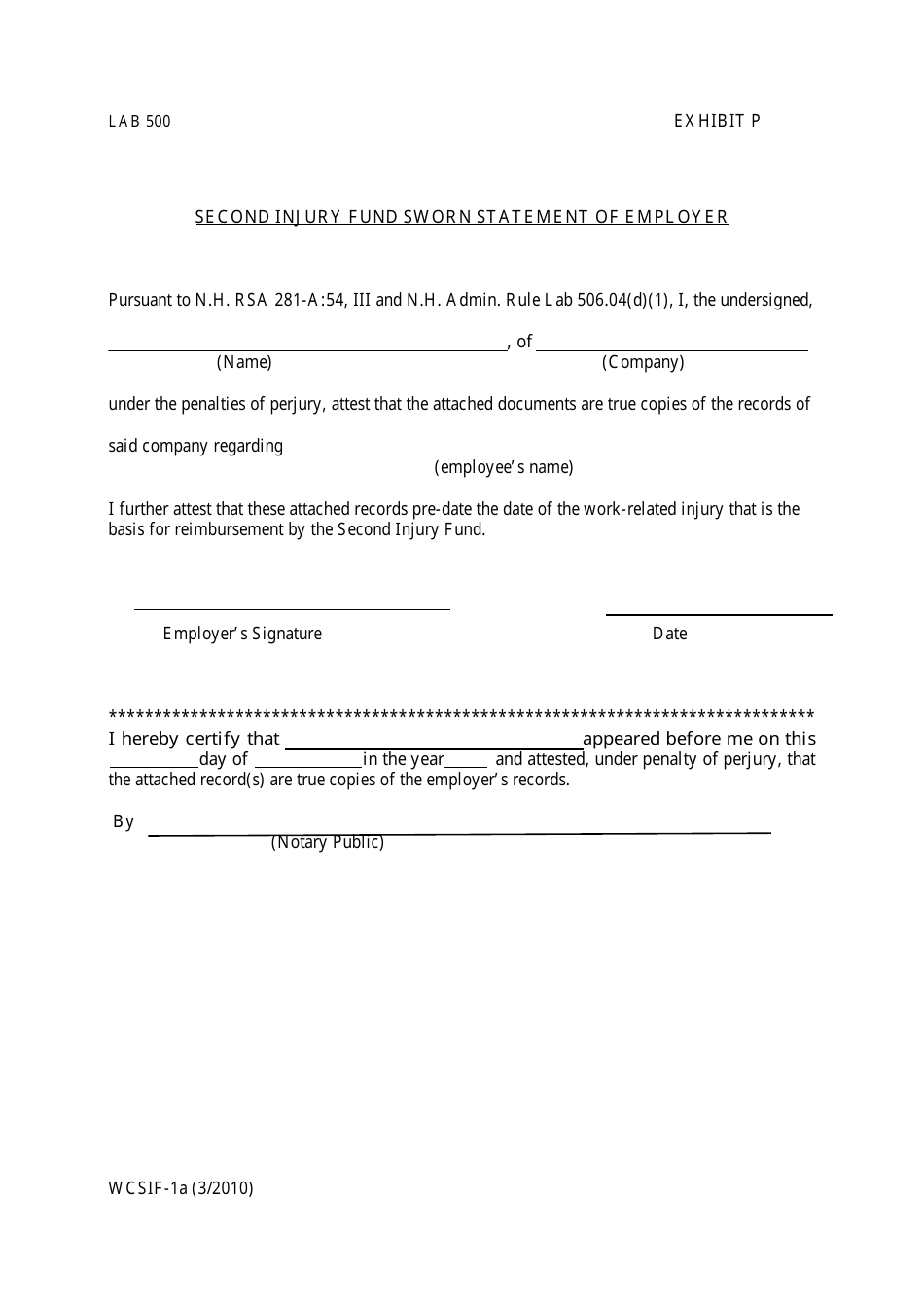 Form WCSIF-1A Exhibit P Second Injury Fund Affidavit of Employer Knowledge - New Hampshire, Page 1