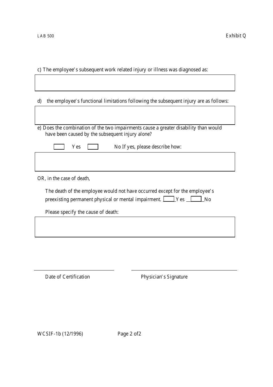 Form WCSIF-1B Exhibit Q Second Injury Fund Certification by Physician - New Hampshire, Page 2