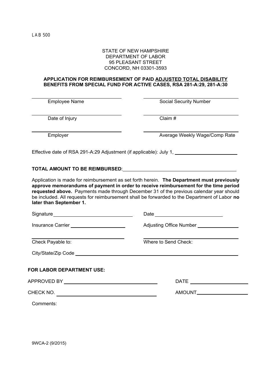 Form 9WCA-2 Application for Reimbursement of Paid Adjusted Total Disability Benefits From Special Fund for Active Cases, Rsa 281-a:29, 281-a:30 - New Hampshire, Page 1