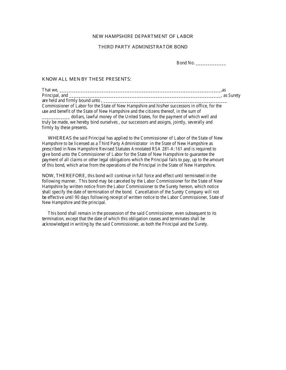 Third Party Administrator Bond - New Hampshire, Page 1