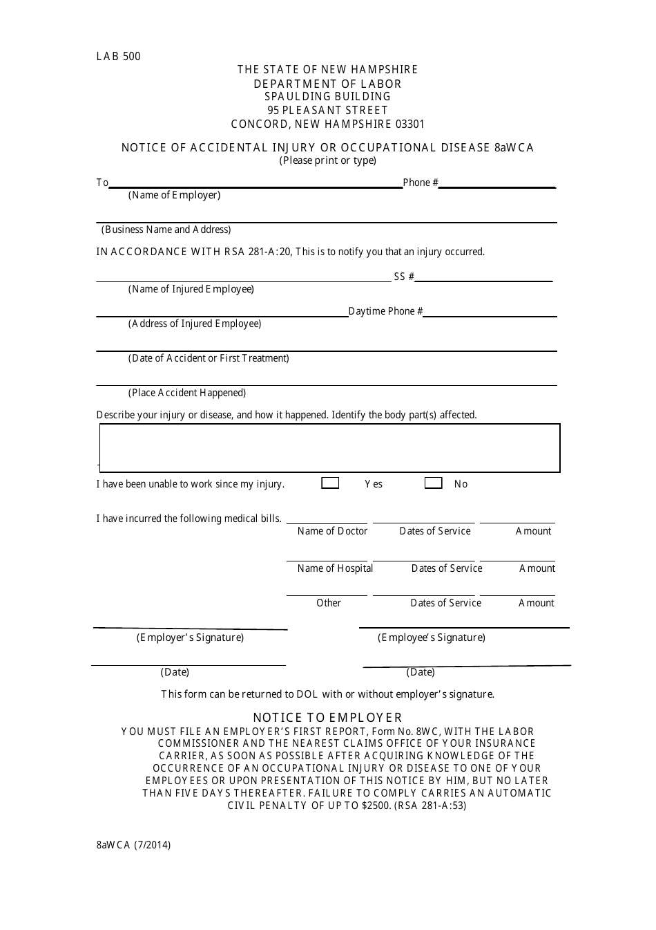 Form 8AWCA Notice of Accidental Injury or Occupational Disease - New Hampshire, Page 1