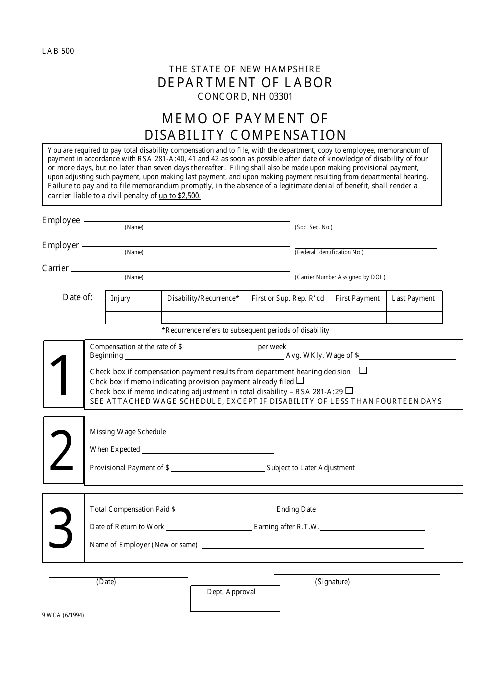 Form 9 WCA Memo of Payment of Disability Compensation - New Hampshire, Page 1