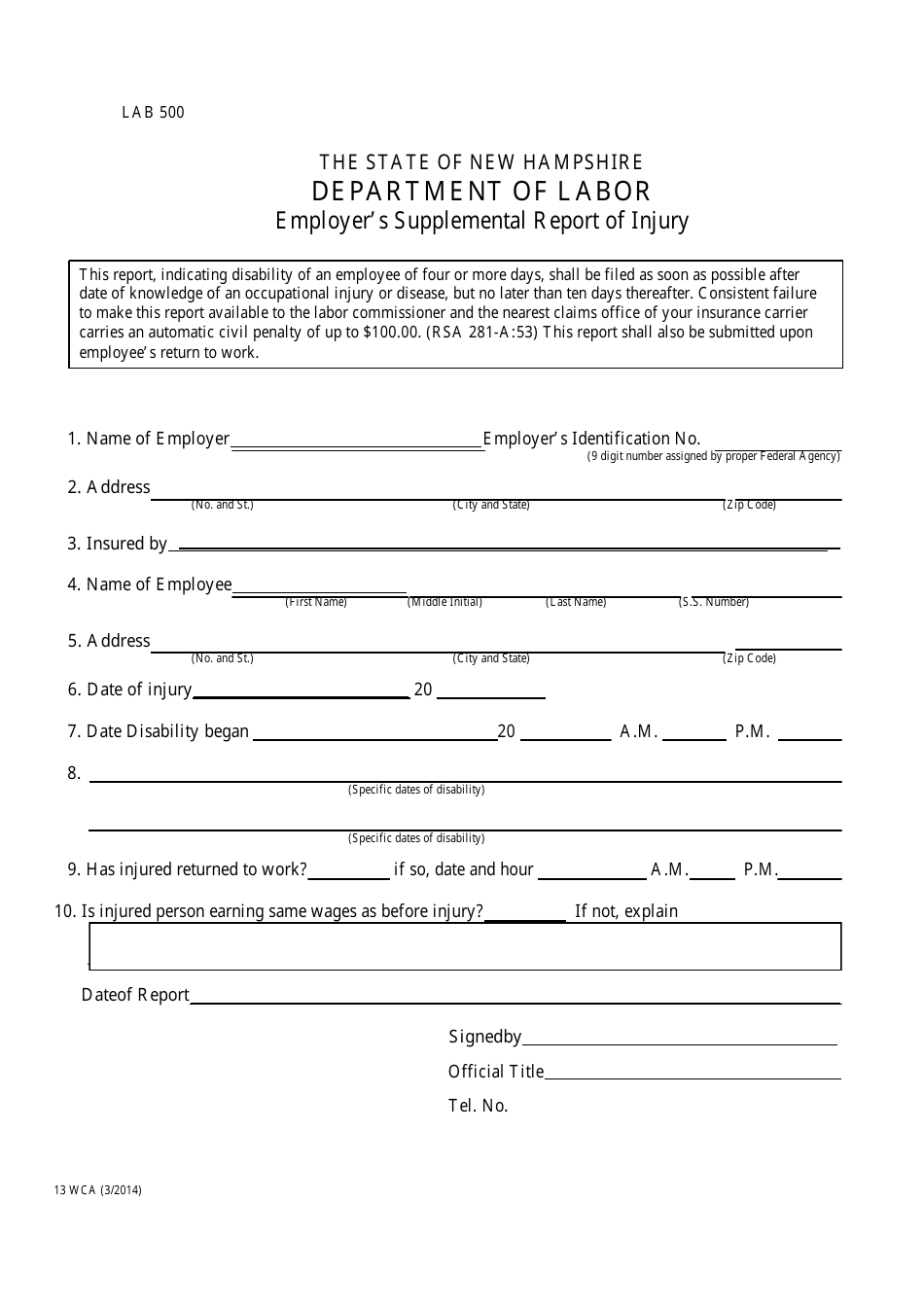 Form 13 WCA Employer's Supplemental Report of Injury - New Hampshire, Page 1