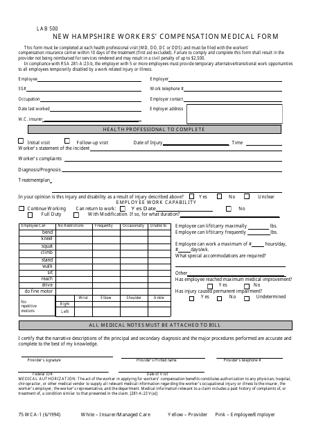 Form 75 WCA-1 New Hampshire Workers' Compensation Medical Form - New Hampshire
