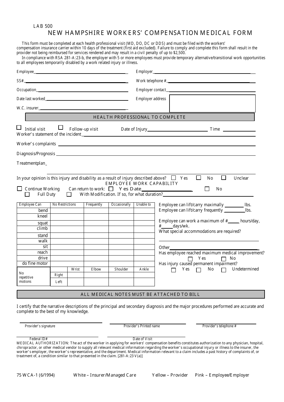 Form 75 WCA-1 New Hampshire Workers Compensation Medical Form - New Hampshire, Page 1