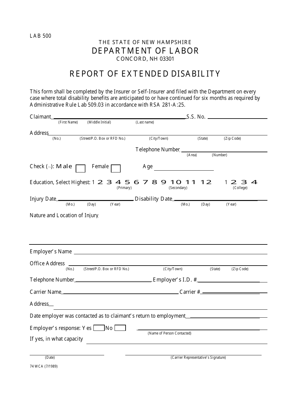Form 74 WCA Report of Extended Disability - New Hampshire, Page 1