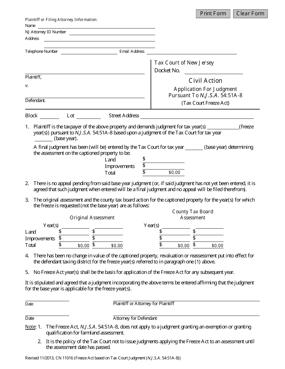Form 11016 Application for Judgment Pursuant to N.j.s.a. 54:51a-8 - New Jersey, Page 1