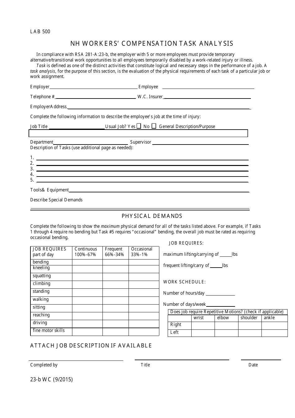 Form 23-B WC Nh Workers Compensation Task Analysis - New Hampshire, Page 1