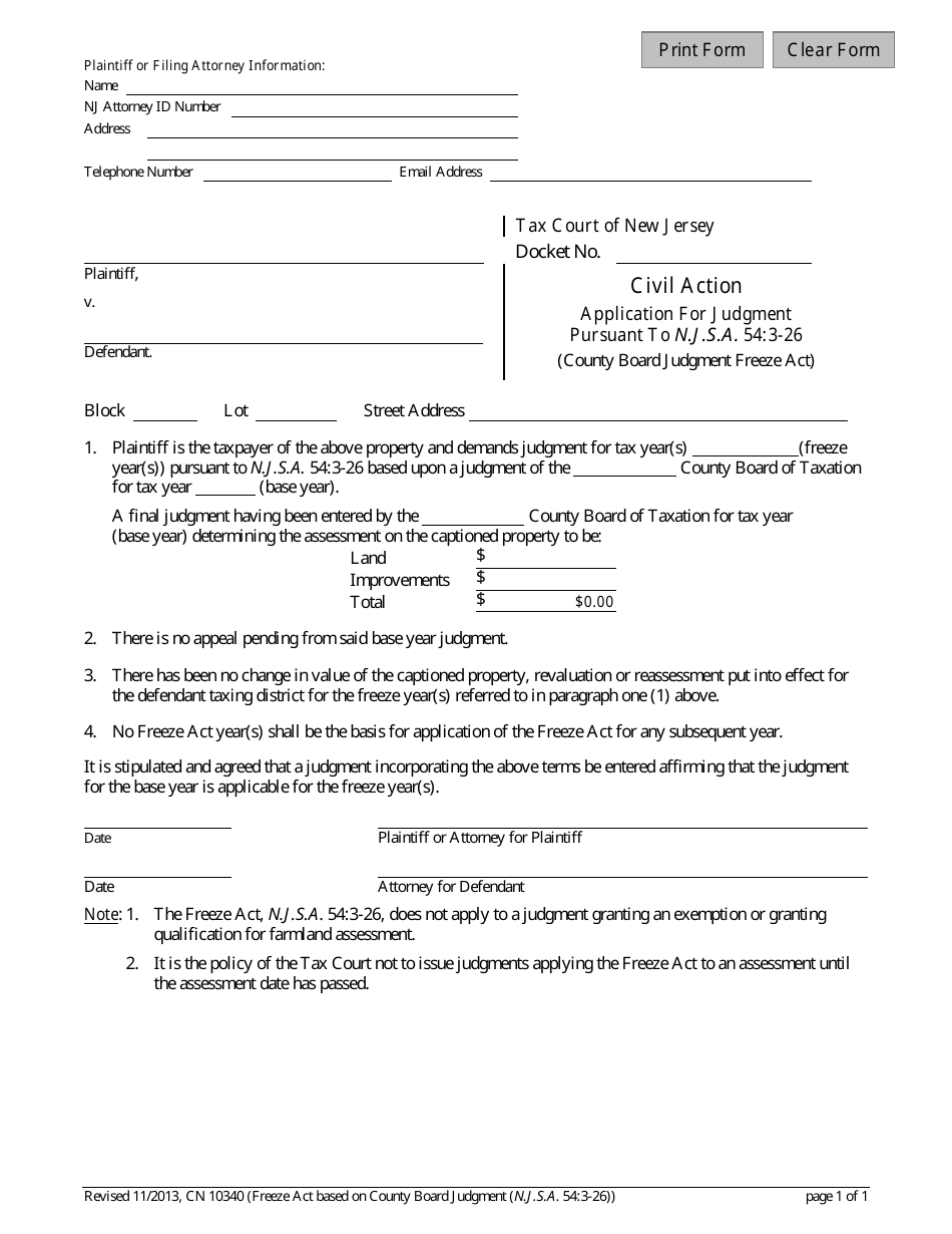 Form 10340 Application for Judgment Pursuant to N.j.s.a. 54:3-26 - New Jersey, Page 1