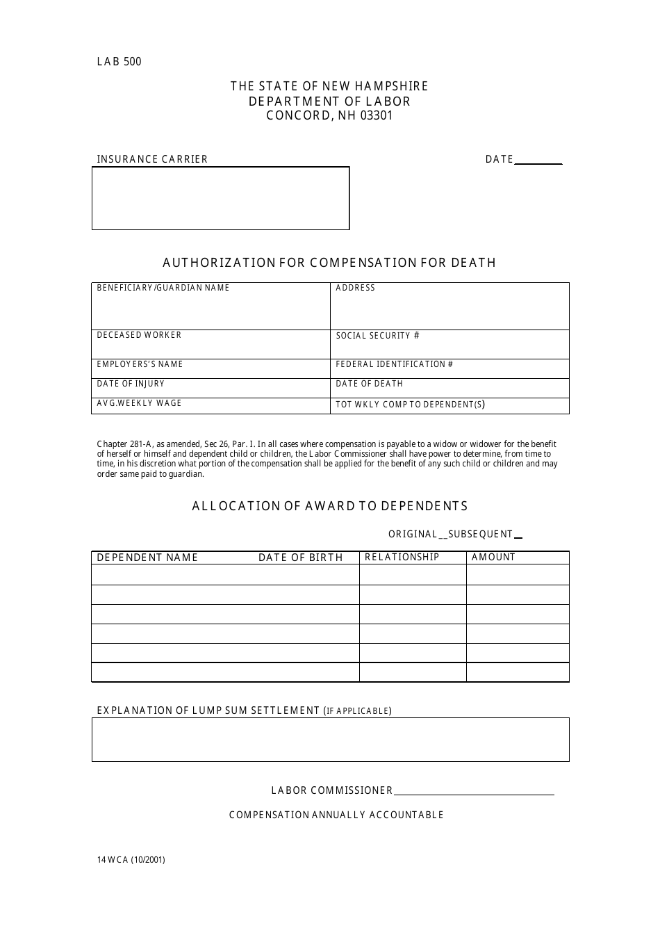 Form 14 WCA Authorization for Compensation for Death - New Hampshire, Page 1