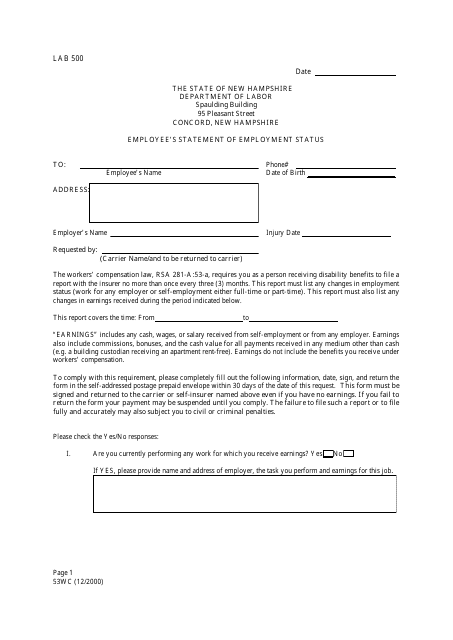Form 53WC Employee's Statement of Employment Status - New Hampshire