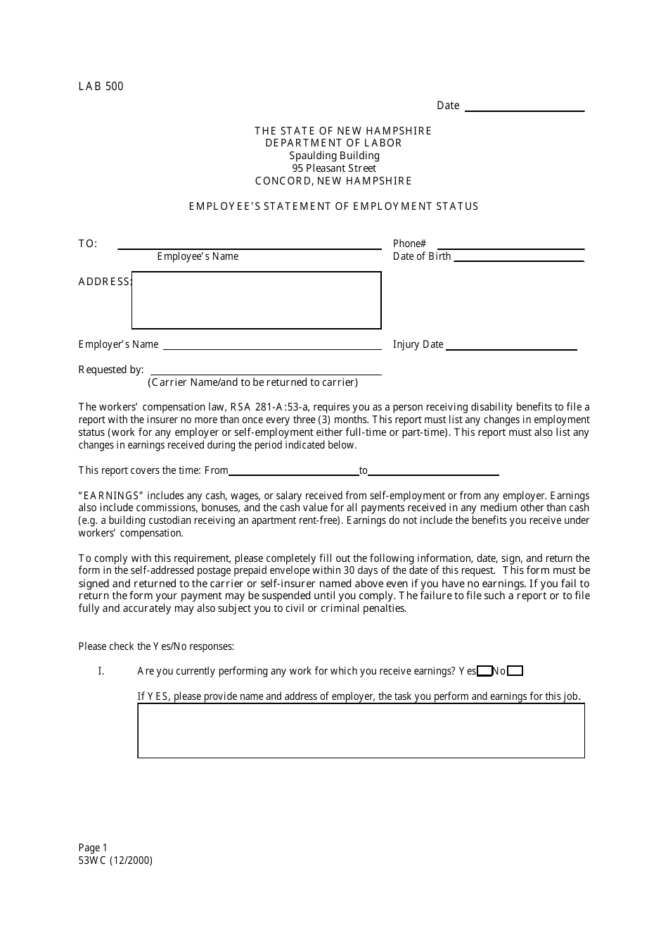 Form 53WC Employees Statement of Employment Status - New Hampshire, Page 1