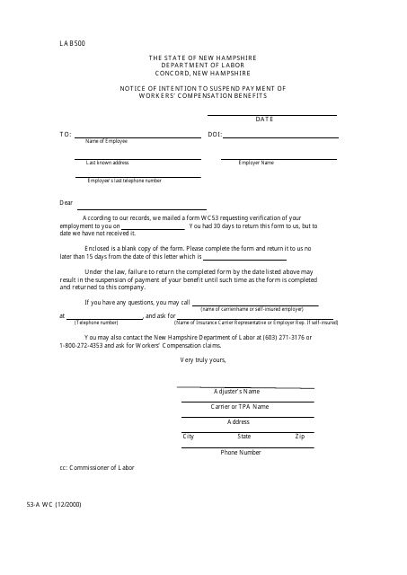 Form 53-A WC Notice of Intention to Suspend Payment of Workers' Compensation Benefits - New Hampshire