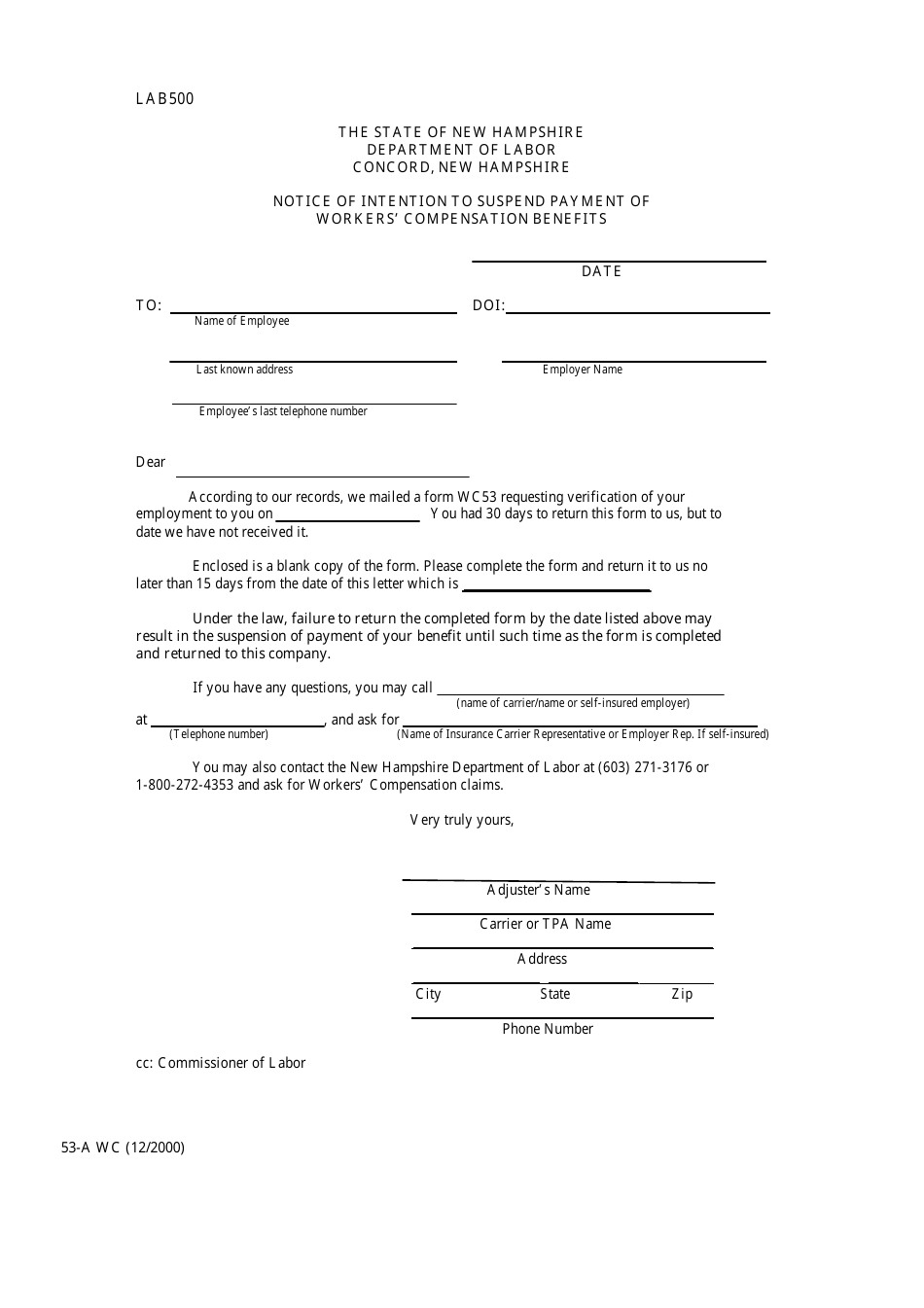 Form 53-A WC Notice of Intention to Suspend Payment of Workers Compensation Benefits - New Hampshire, Page 1