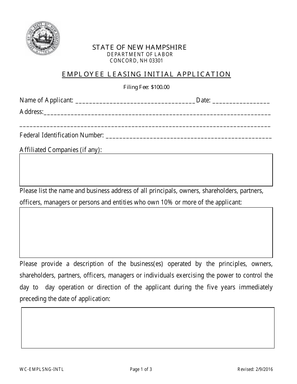 Employee Leasing Initial Application - New Hampshire, Page 1