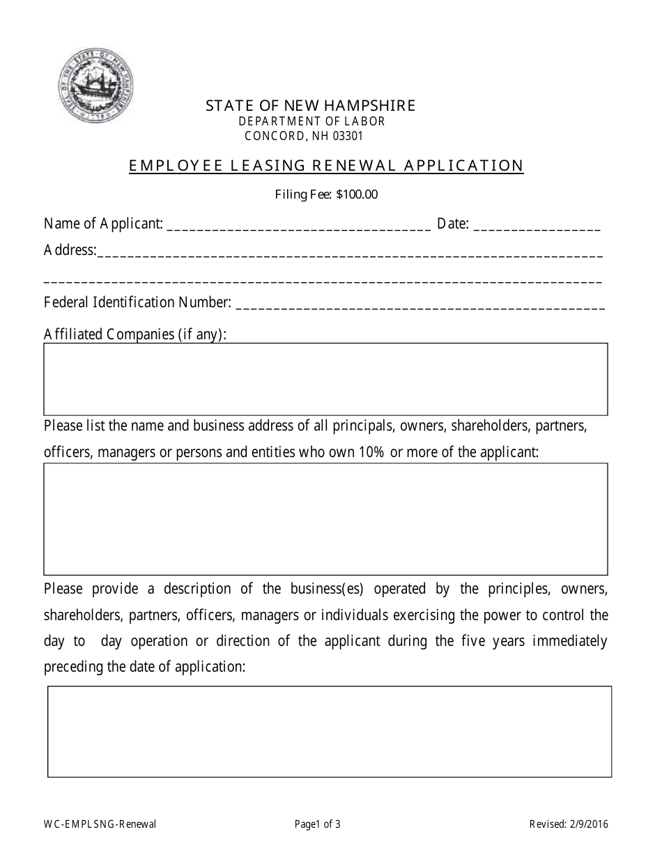 Employee Leasing Renewal Application - New Hampshire, Page 1