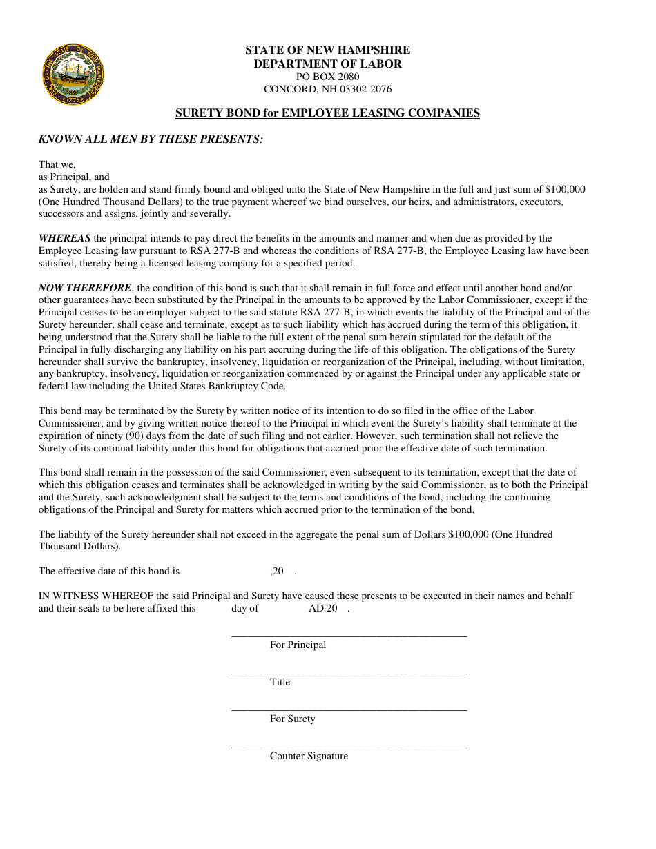 New Hampshire Surety Bond for Employee Leasing Companies Fill Out
