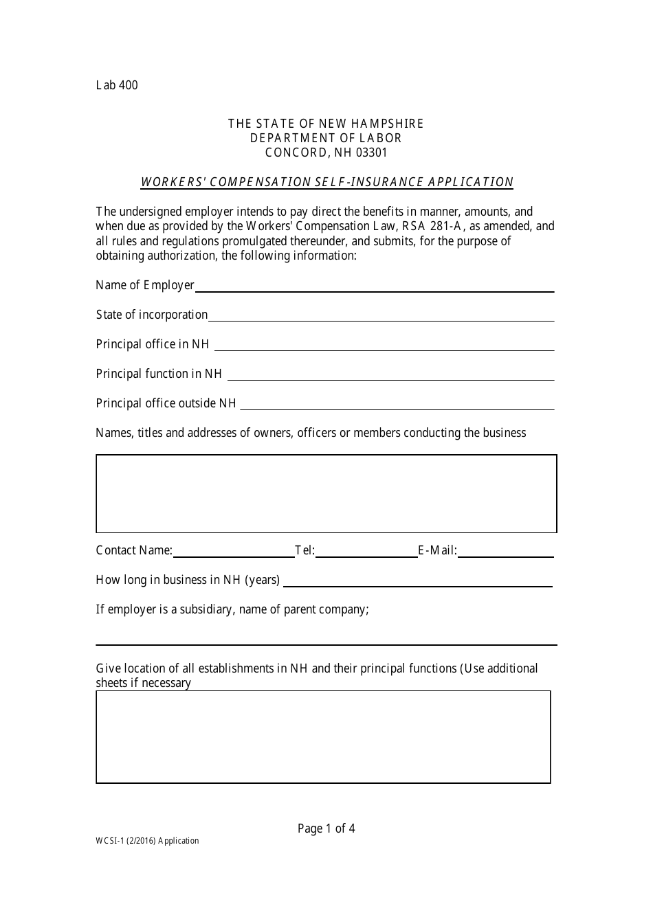 Form WCSI-1 Workers Compensation Self-insurance Application - New Hampshire, Page 1