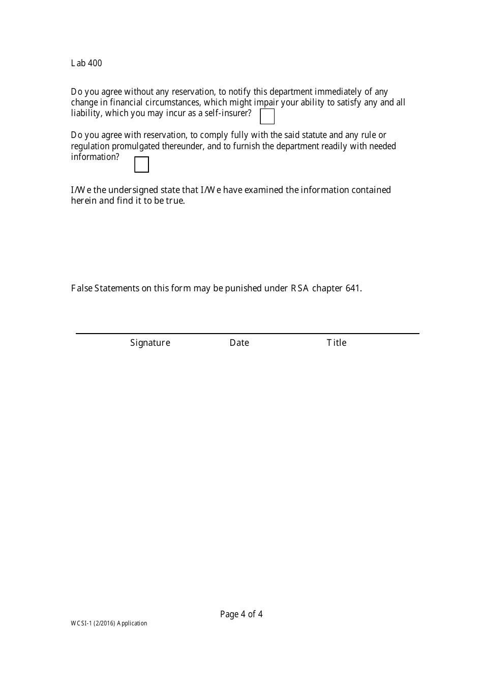 Form WCSI-1 Workers Compensation Self-insurance Application - New Hampshire, Page 4