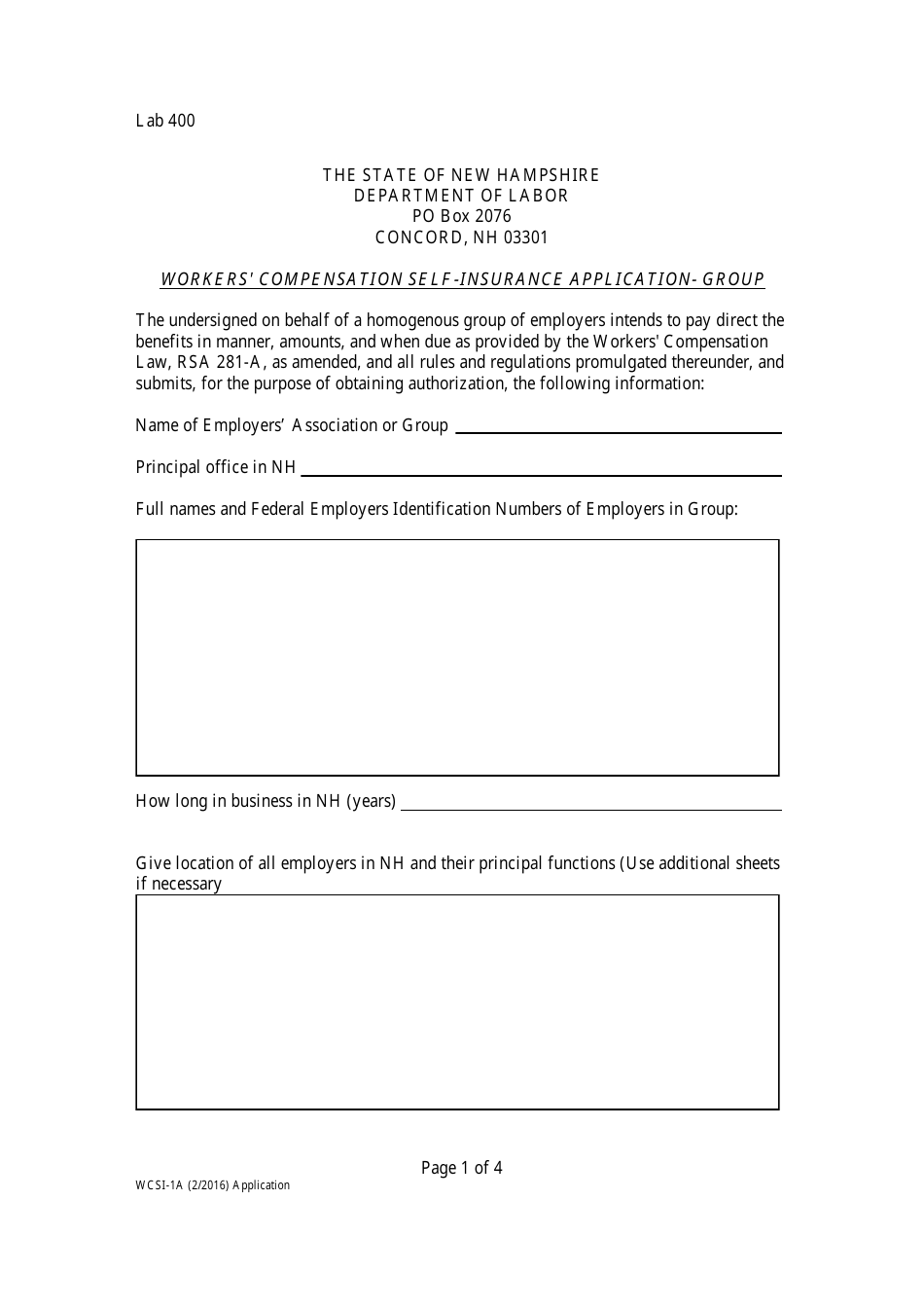Form WCSI-1A Workers' Compensation Self-insurance Application - Group - New Hampshire, Page 1
