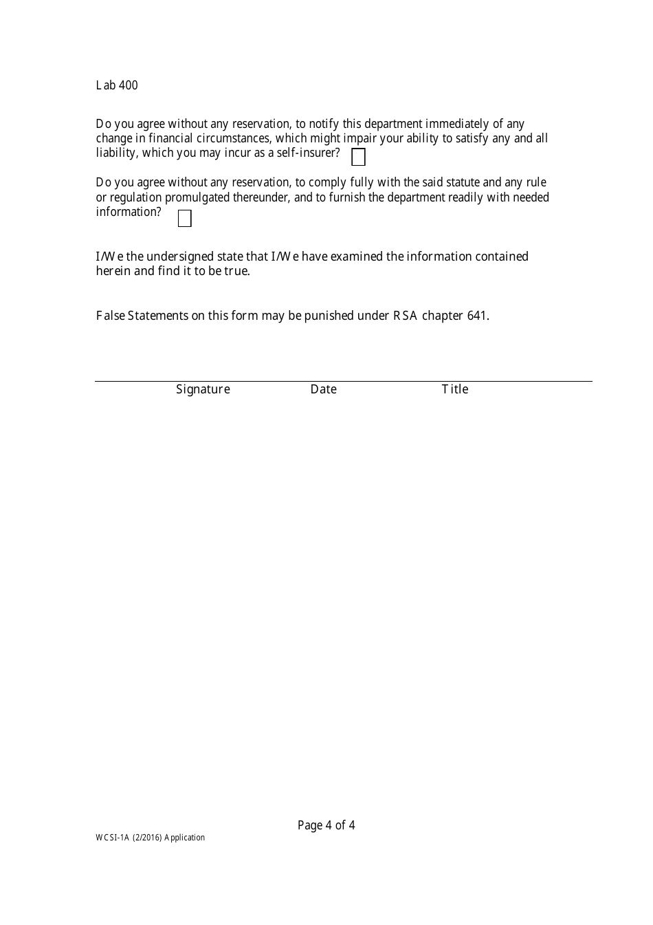Form WCSI-1A Workers Compensation Self-insurance Application - Group - New Hampshire, Page 4