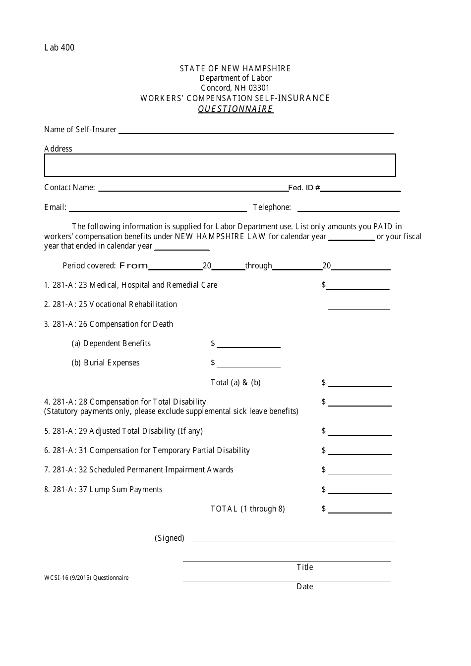 Form WCSI-16 Self Insurance Questionnaire - New Hampshire, Page 1