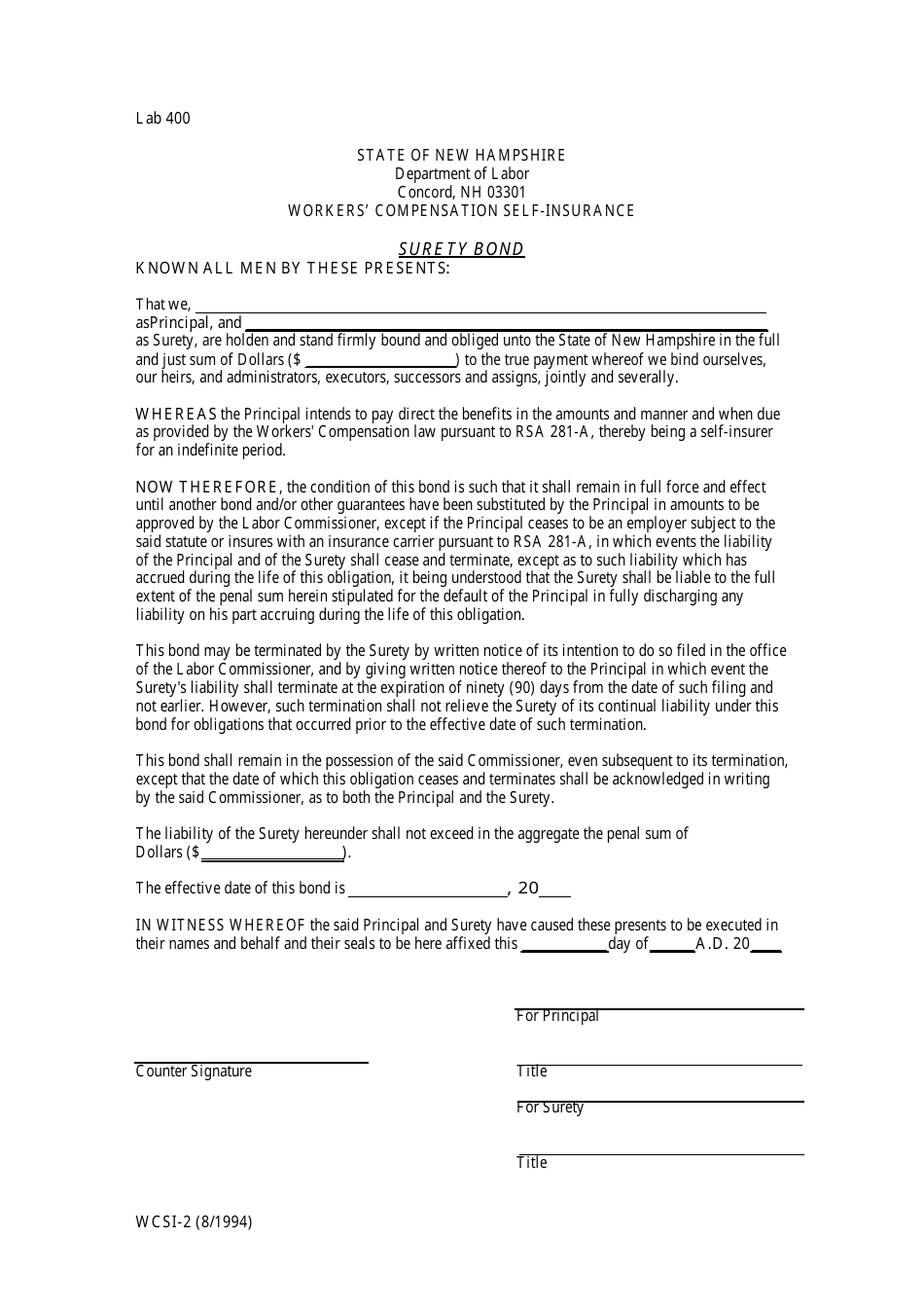 Form WCSI-2 Self-insurance Surety Bond - New Hampshire, Page 1