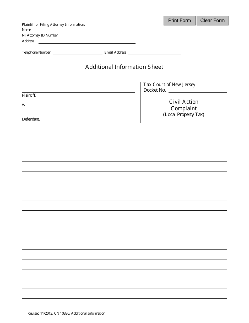 Form 10330 Complaint Additional Information Sheet - New Jersey, Page 1