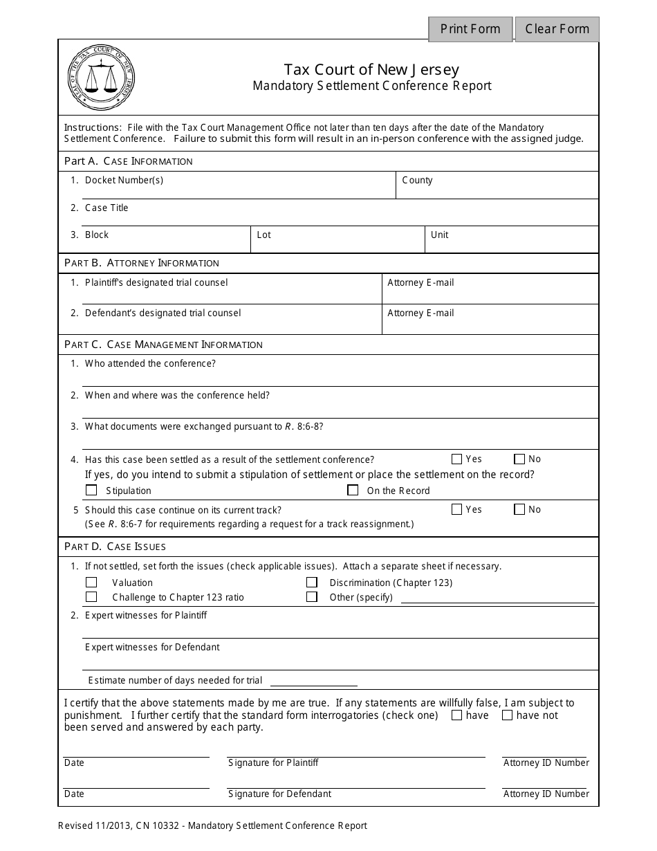 Form 10332 Mandatory Settlement Conference Report - New Jersey, Page 1