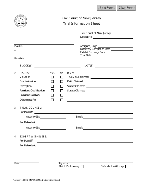 Form 10963 Trial Information Sheet - New Jersey