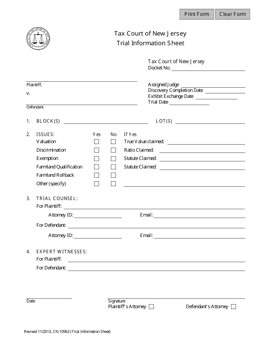 Form 10963 Trial Information Sheet - New Jersey, Page 1