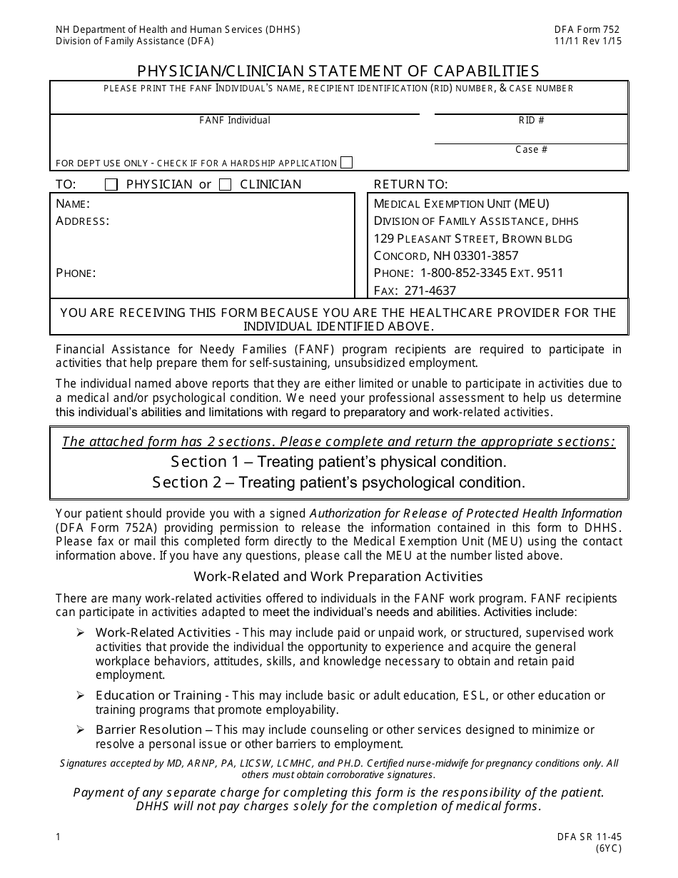 Form 752 Physician / Psychologist Statement of Capabilities - New Hampshire, Page 1