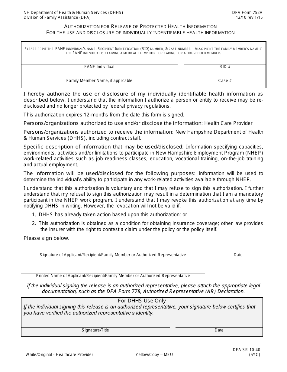Form 752A Authorization for Release of Protected Health Information for the Use and Disclosure of Individually Indentifiable Health Information - New Hampshire, Page 2