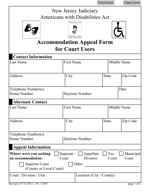 Form CN:11507 Americans With Disabilities Act (Ada) Accommodation Appeal Form for Court Users - New Jersey