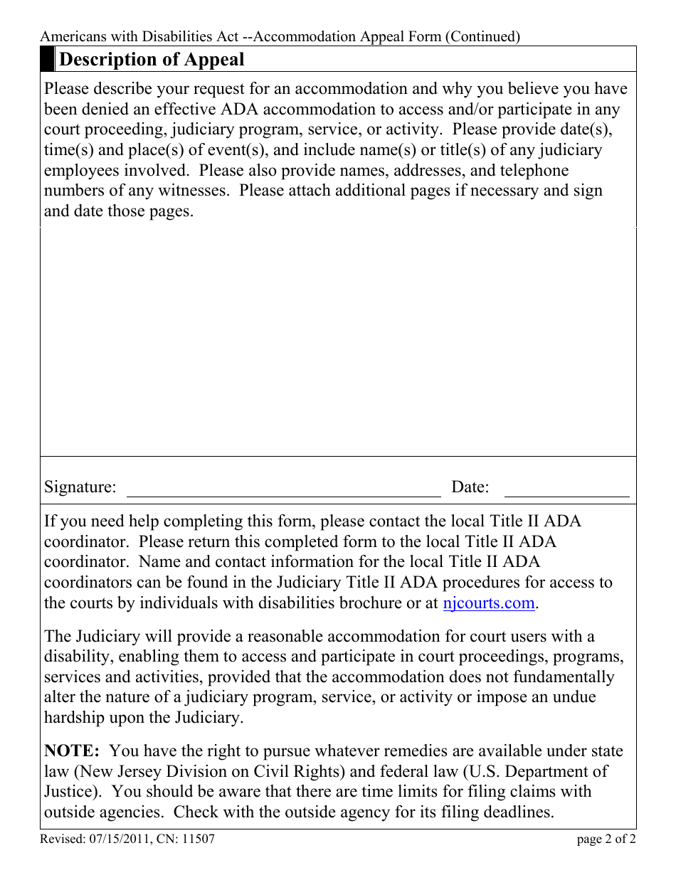 Form CN:11507 Americans With Disabilities Act (Ada) Accommodation Appeal Form for Court Users - New Jersey, Page 2