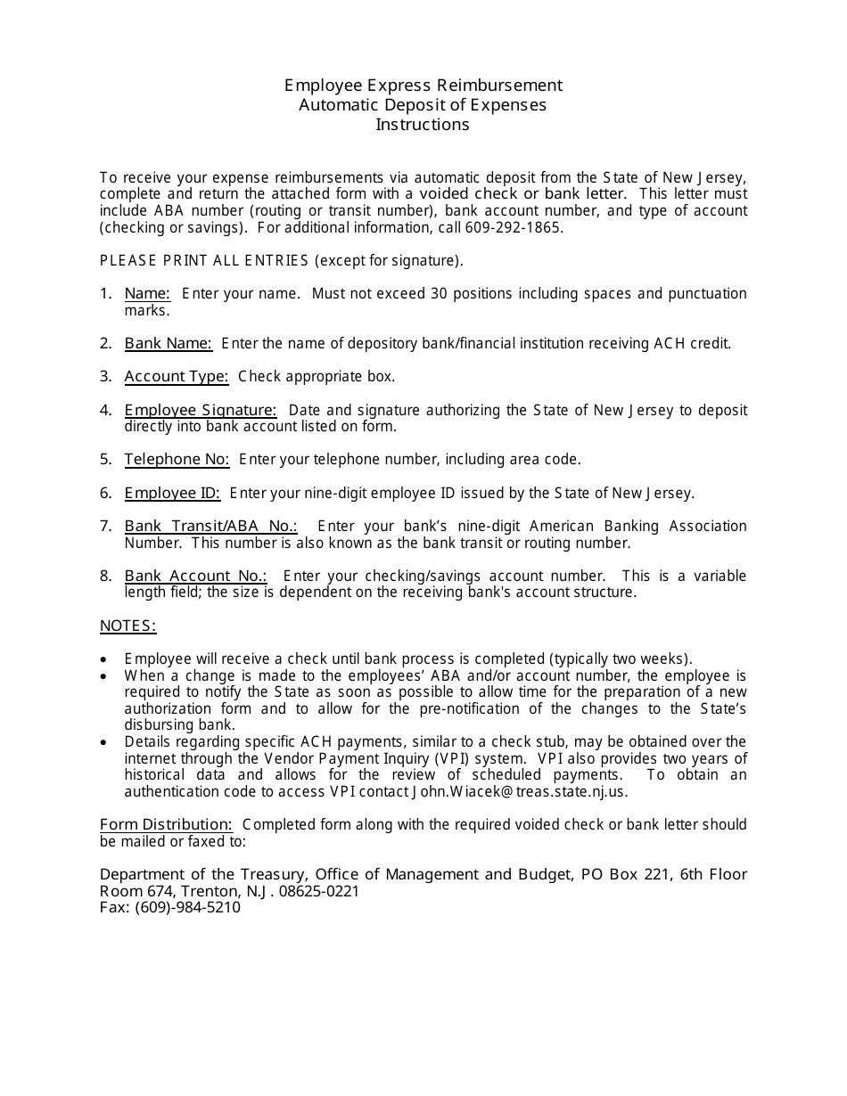 Instructions for Employee Express Reimbursement Automatic Deposit of Expenses - New Jersey, Page 1