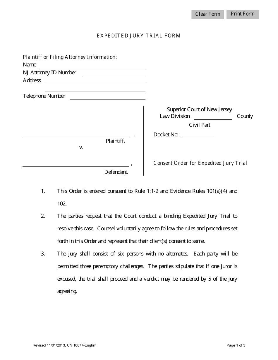 Form 10877 Expedited Jury Trial Form - New Jersey, Page 1